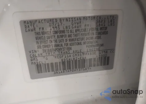 2017 Nissan Sentra S z USA, uszkodzony, nr VIN 3N1AB7AP2HY371894